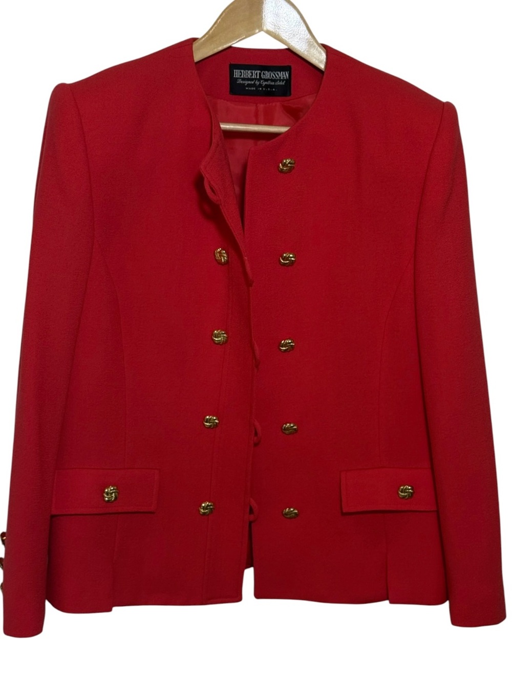 Vintage Saks Herbert Grossman Red Wool Blazer Gold Buttons Medium (Tagged 14)